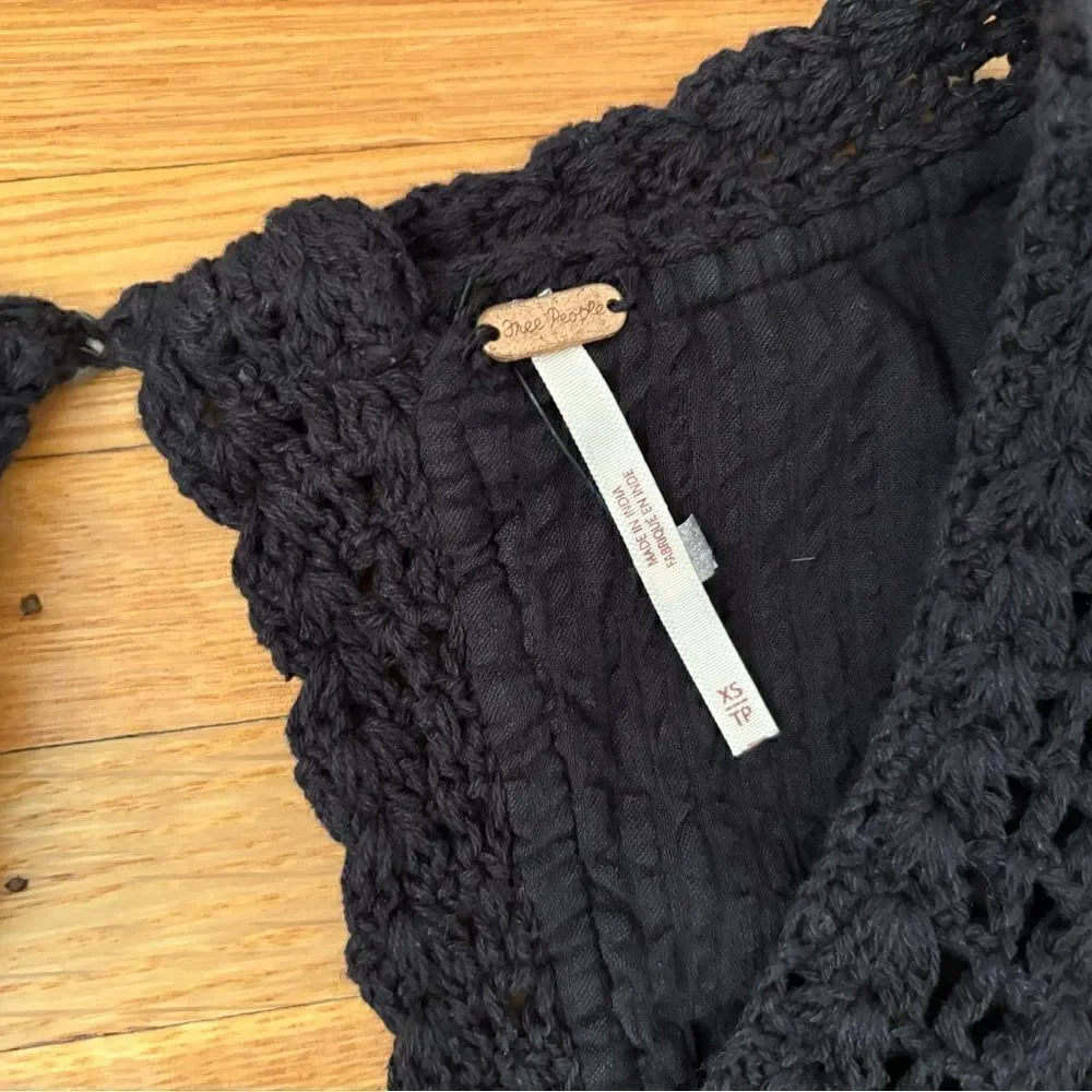 Free People Megan Crochet Knit Peplum Puff Sleeve Crop Tassel long sleeve top